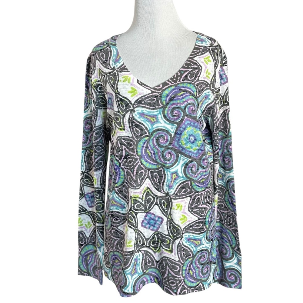 Before + Again Multicolor Patterned Long Sleeve V Neck Top Tee Size Medium - Picture 7 of 8